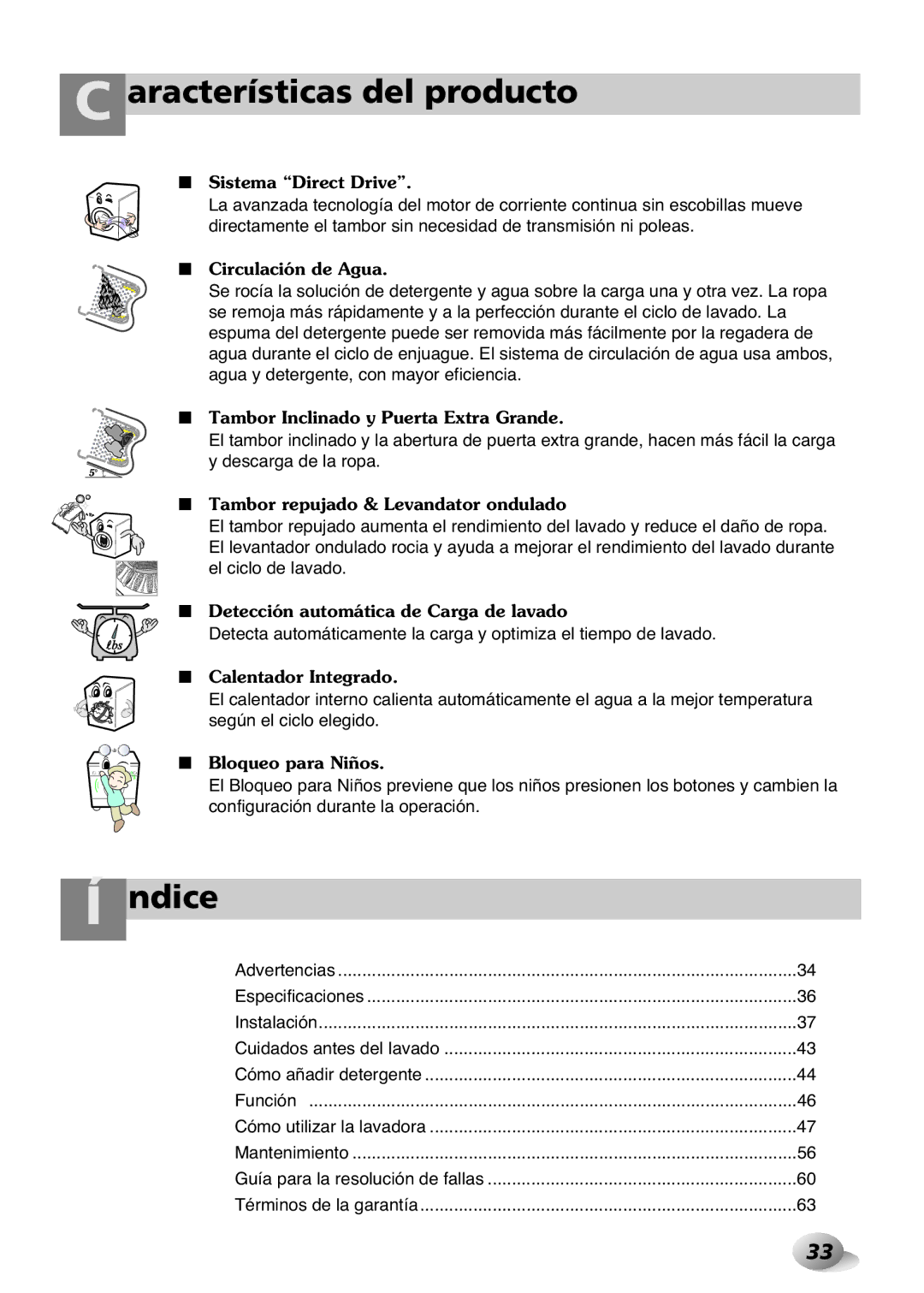 LG Electronics 2P~32P, 33P~63P owner manual Aracterísticas del producto, Función 