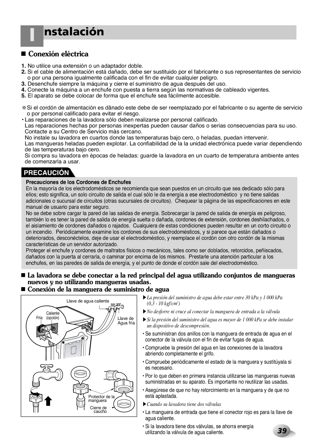 LG Electronics 2P~32P, 33P~63P owner manual Conexión eléctrica, Precaución 