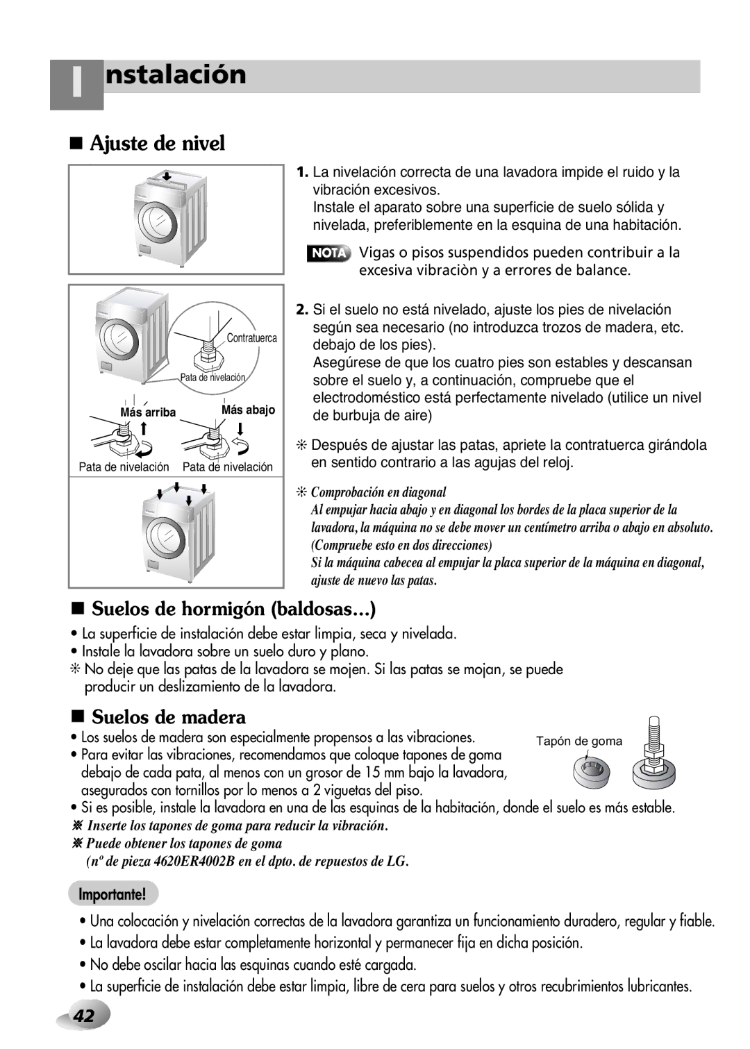 LG Electronics 33P~63P, 2P~32P owner manual Ajuste de nivel, Suelos de hormigón baldosas, Suelos de madera 