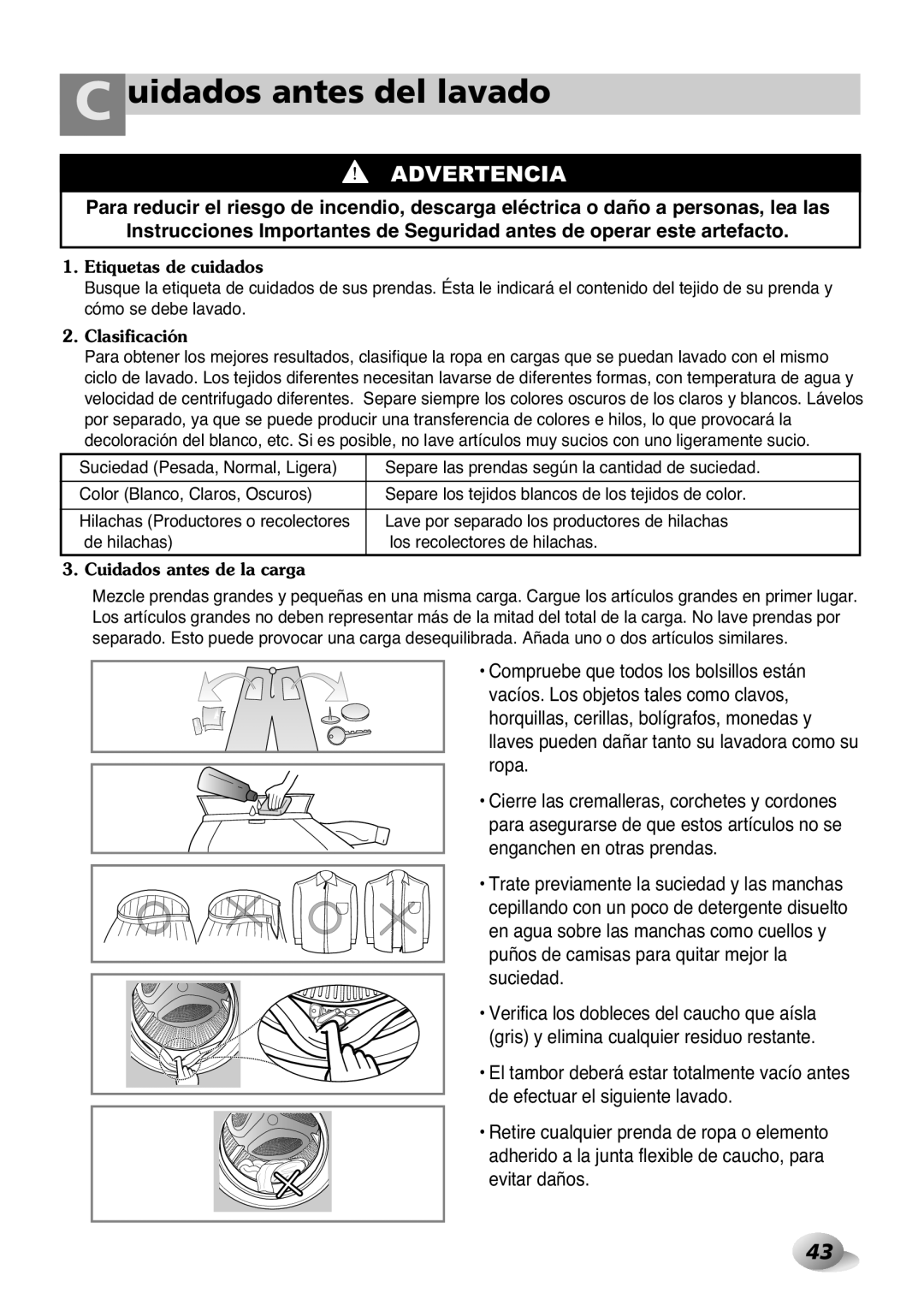 LG Electronics 2P~32P, 33P~63P owner manual Uidados antes del lavado, Advertencia 