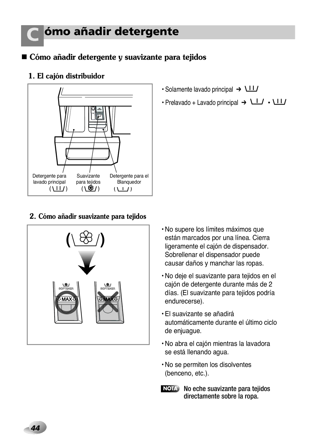 LG Electronics 33P~63P Ómo añadir detergente, Cómo añadir detergente y suavizante para tejidos, El cajón distribuidor 