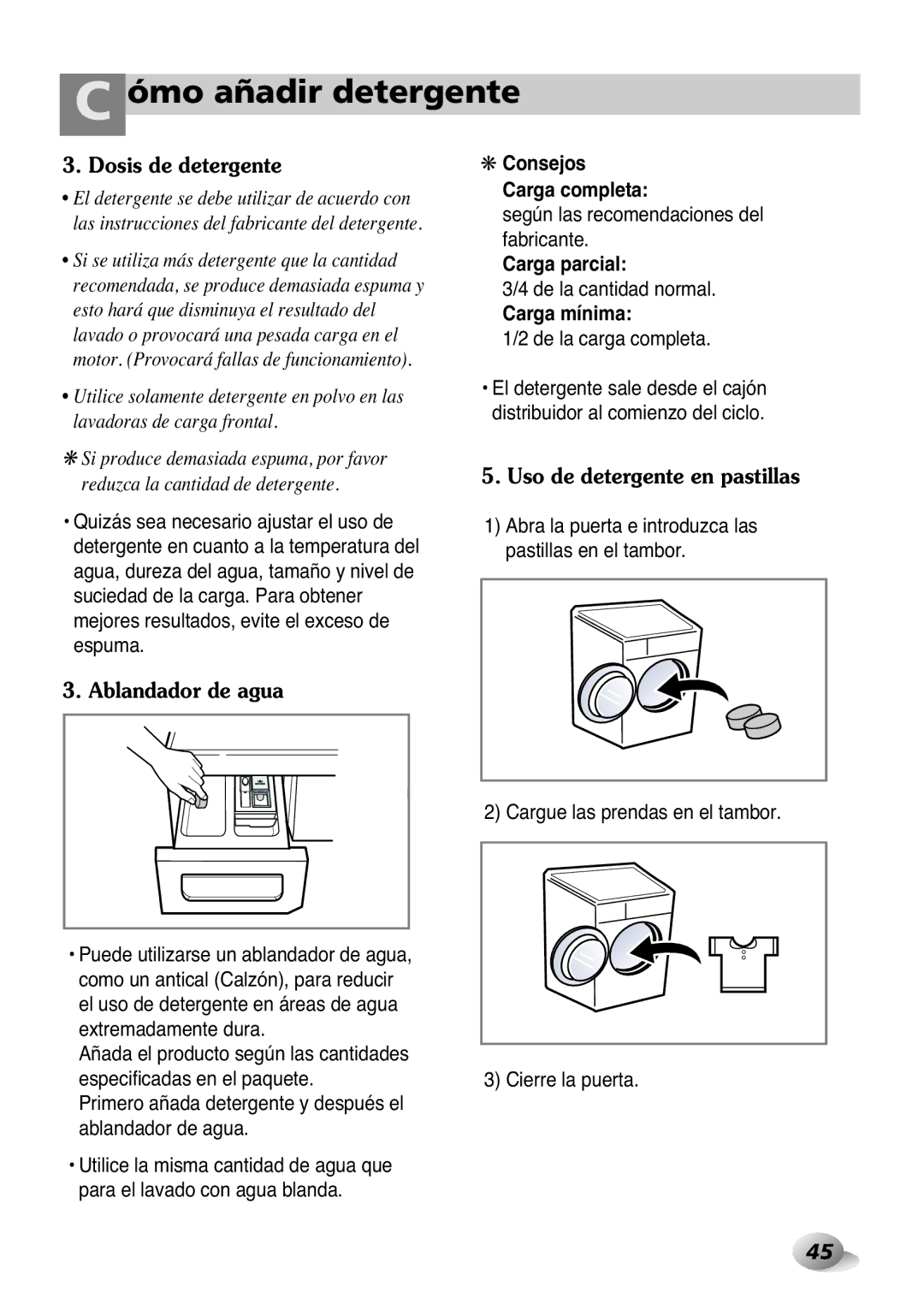 LG Electronics 2P~32P Dosis de detergente, Ablandador de agua, Uso de detergente en pastillas, Consejos Carga completa 