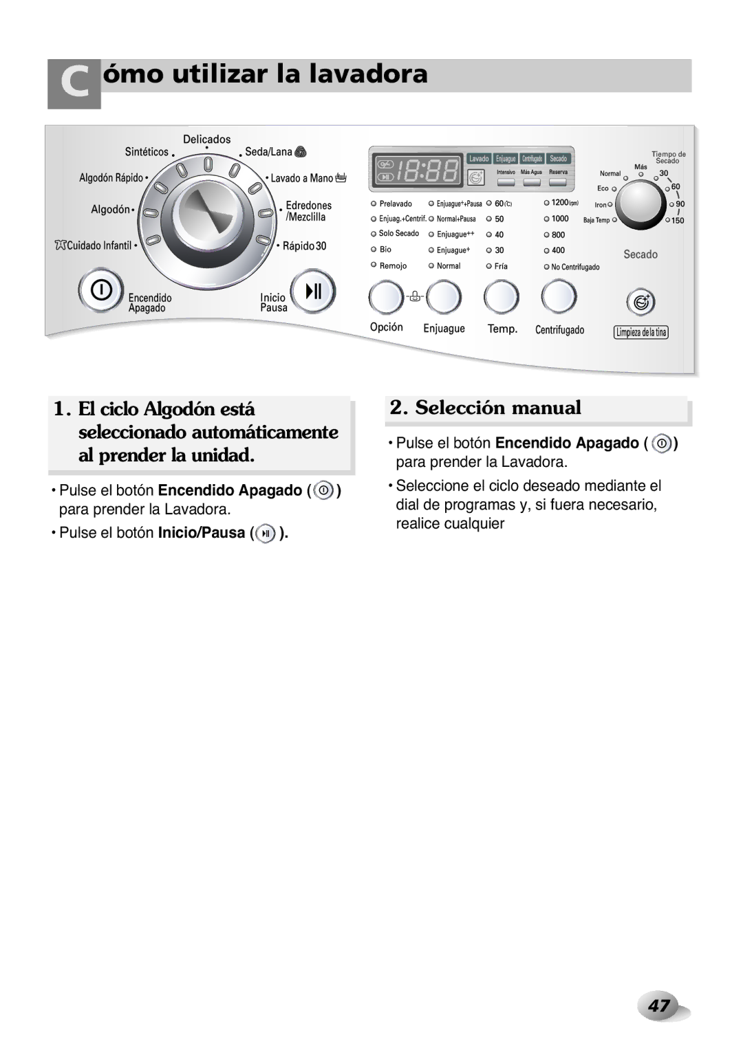 LG Electronics 2P~32P, 33P~63P owner manual Ómo utilizar la lavadora, Selección manual 