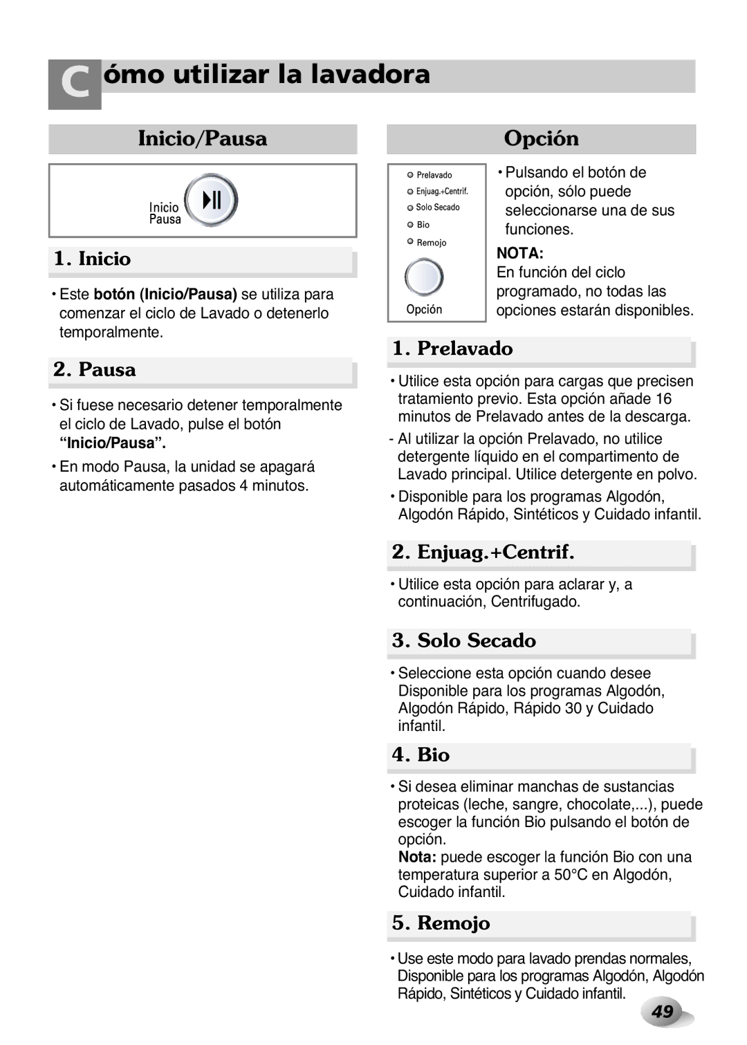 LG Electronics 2P~32P, 33P~63P owner manual Inicio/PausaOpción 