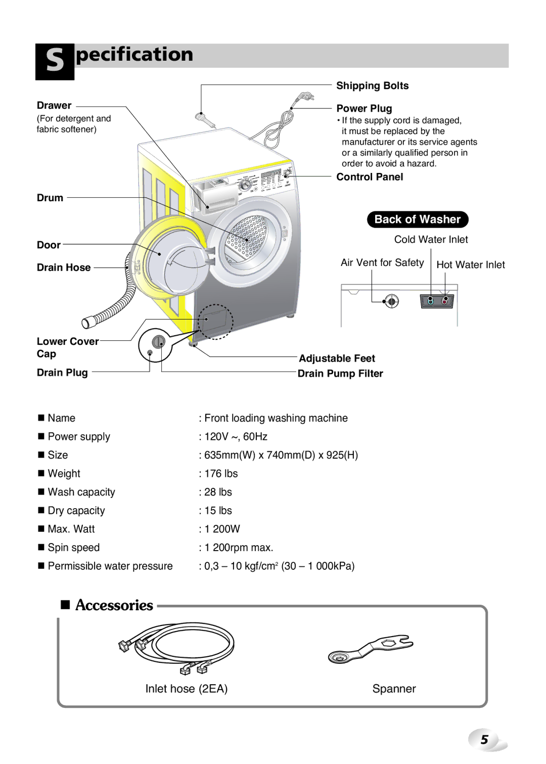 LG Electronics 2P~32P, 33P~63P owner manual Pecification, Accessories, Inlet hose 2EA 