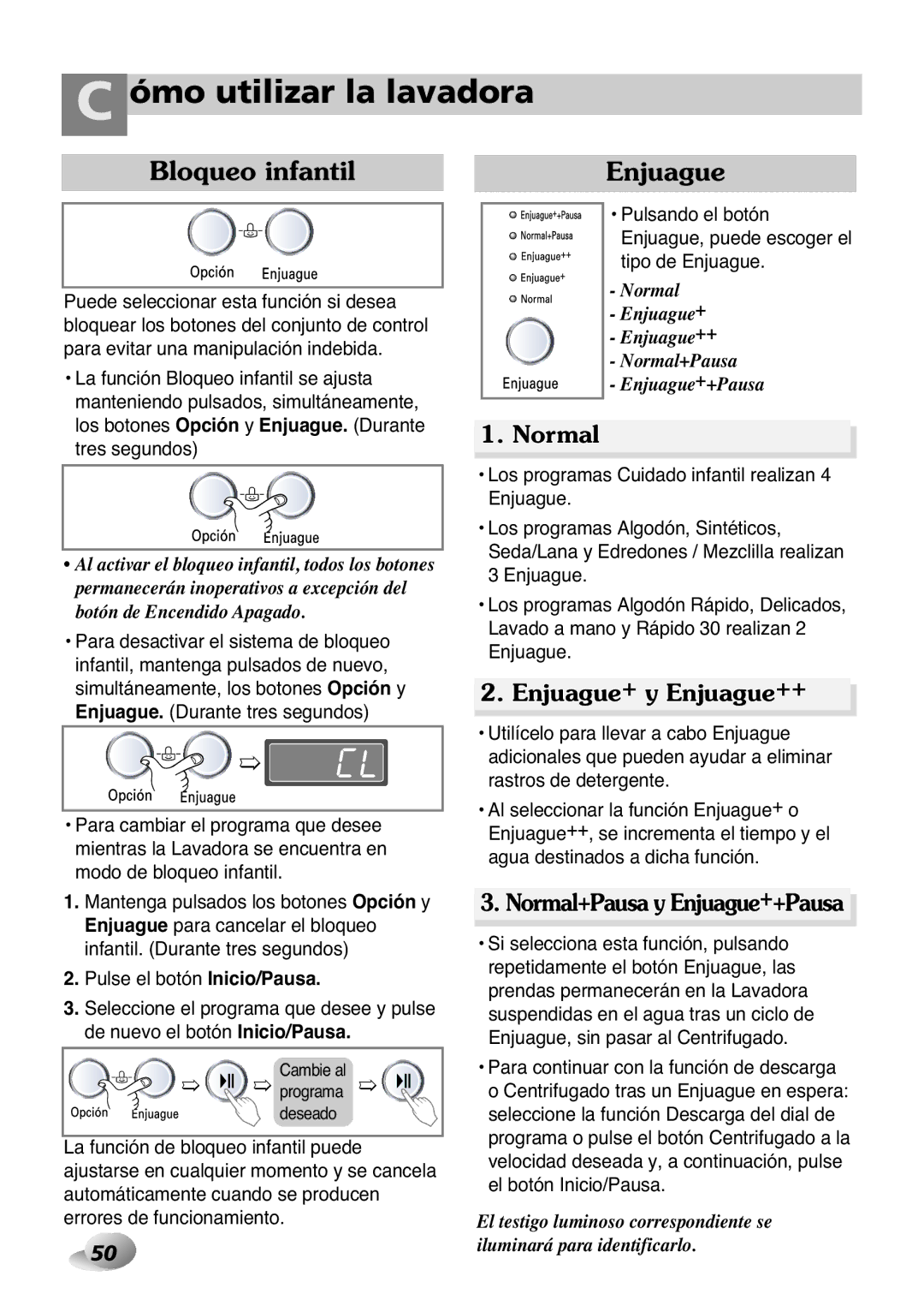 LG Electronics 33P~63P, 2P~32P owner manual Bloqueo infantil, Enjuague+ y Enjuague++, Normal+Pausa y Enjuague++Pausa 