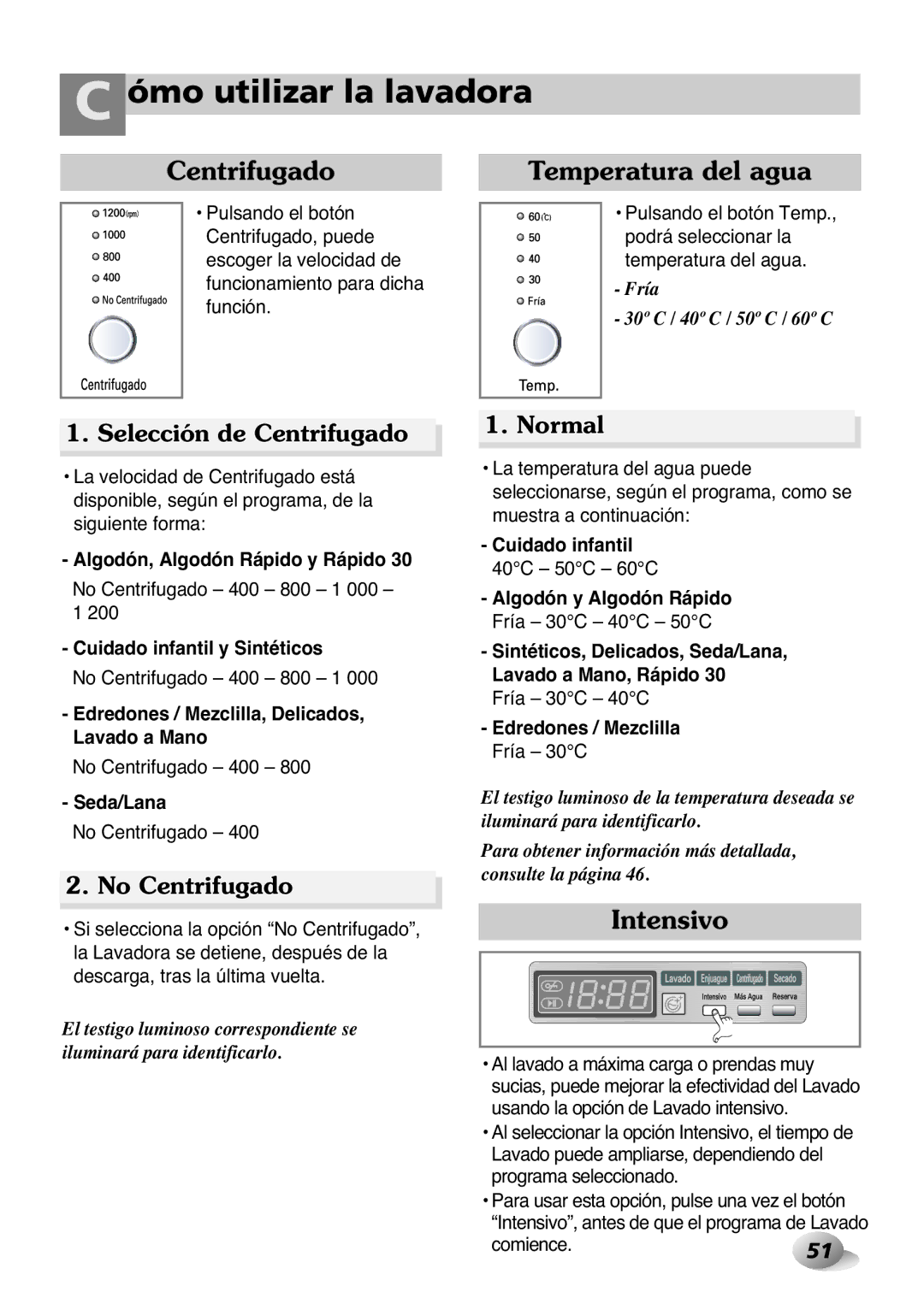 LG Electronics 2P~32P, 33P~63P owner manual Temperatura del agua, Intensivo, Selección de Centrifugado, No Centrifugado 