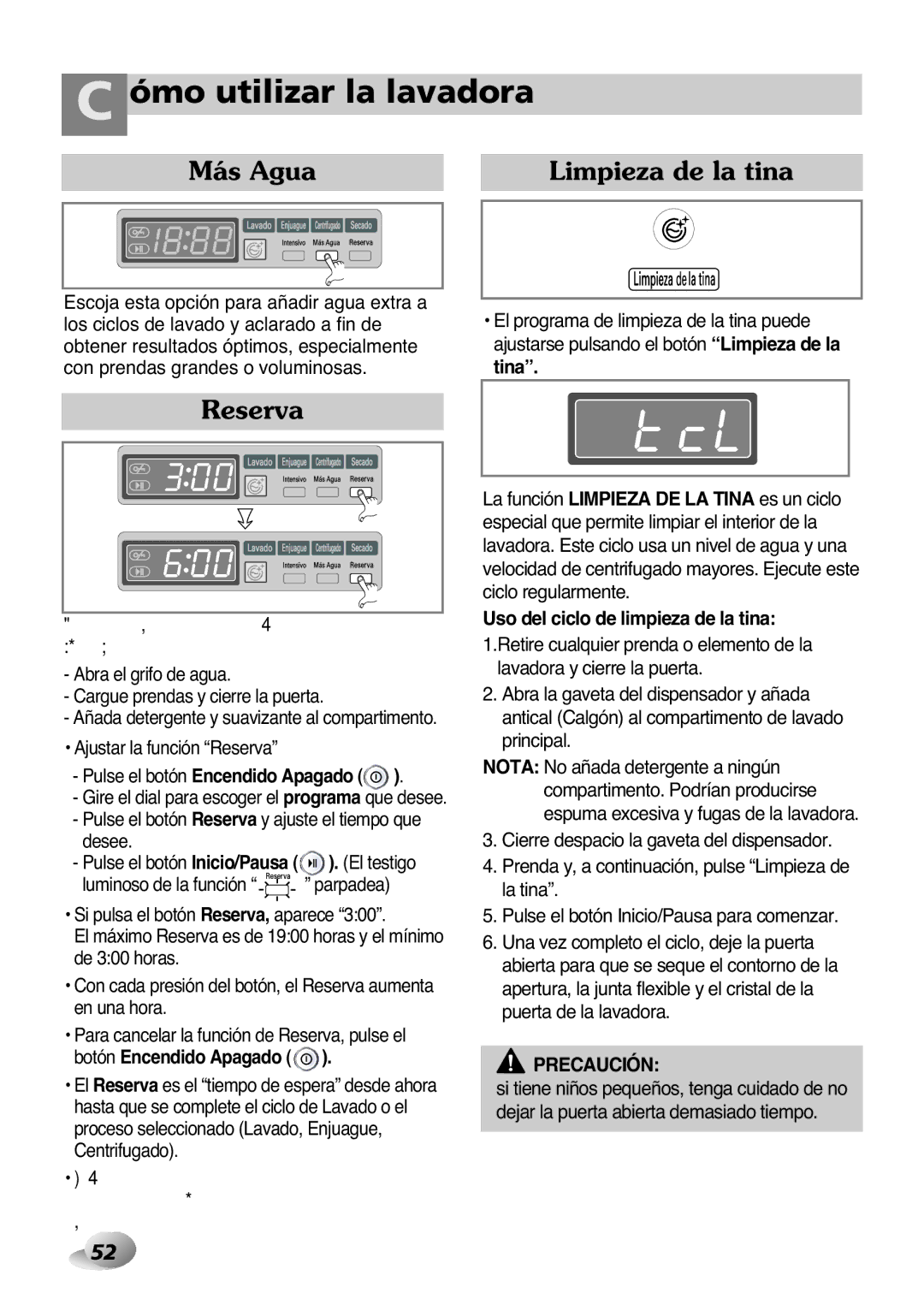 LG Electronics 33P~63P, 2P~32P owner manual Más Agua Limpieza de la tina, Reserva, Pulse el botón Encendido Apagado 