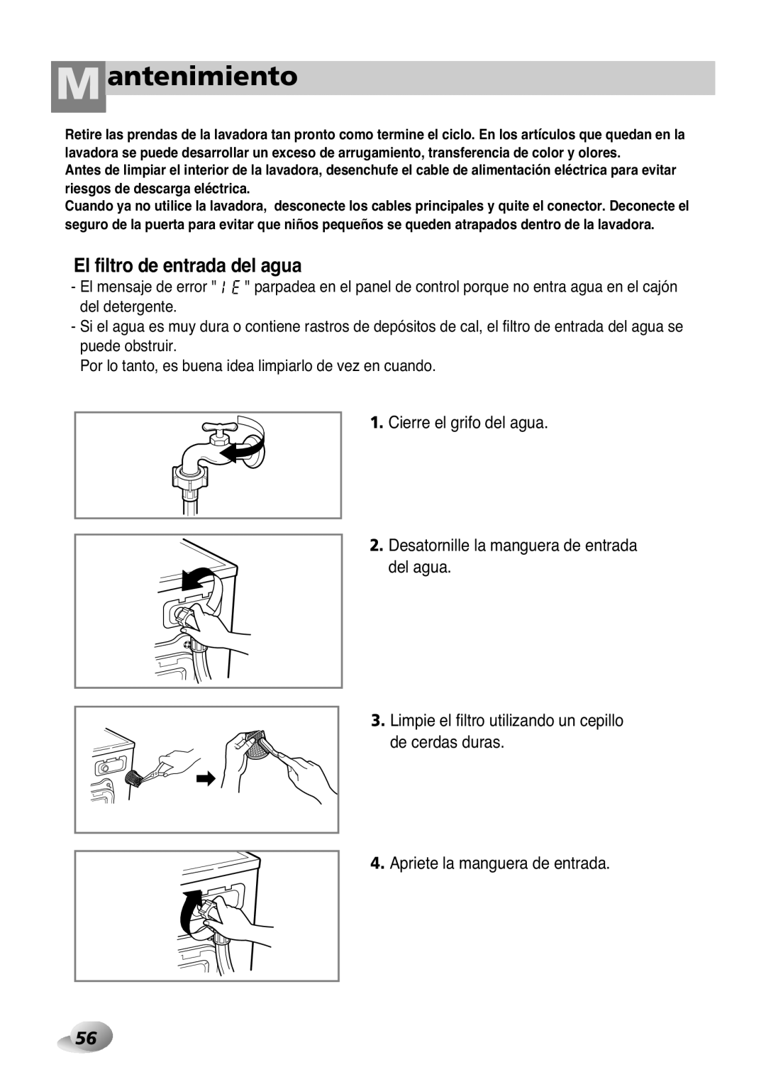 LG Electronics 33P~63P, 2P~32P owner manual Antenimiento, El filtro de entrada del agua 