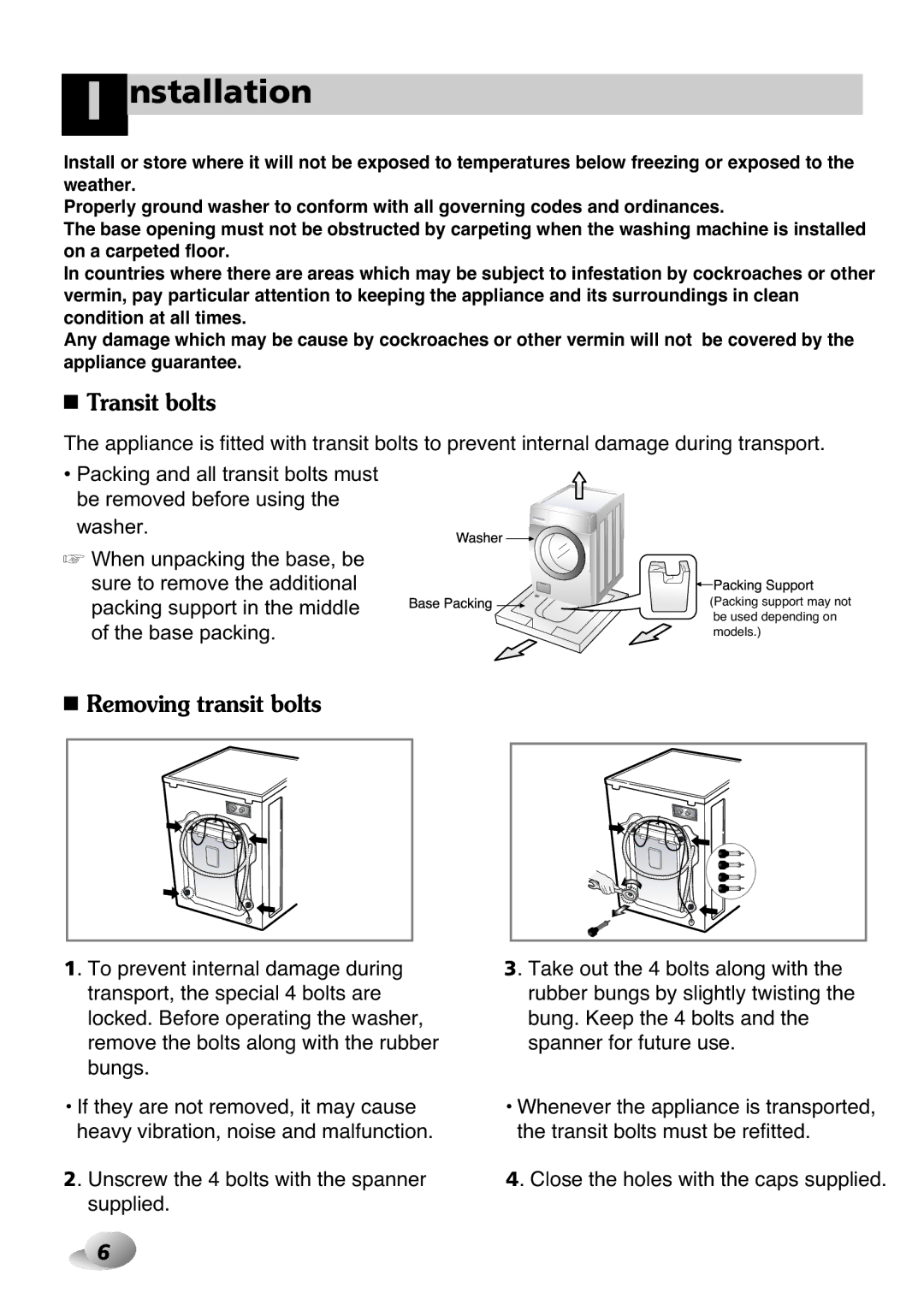 LG Electronics 33P~63P, 2P~32P owner manual Nstallation, Transit bolts, Removing transit bolts 