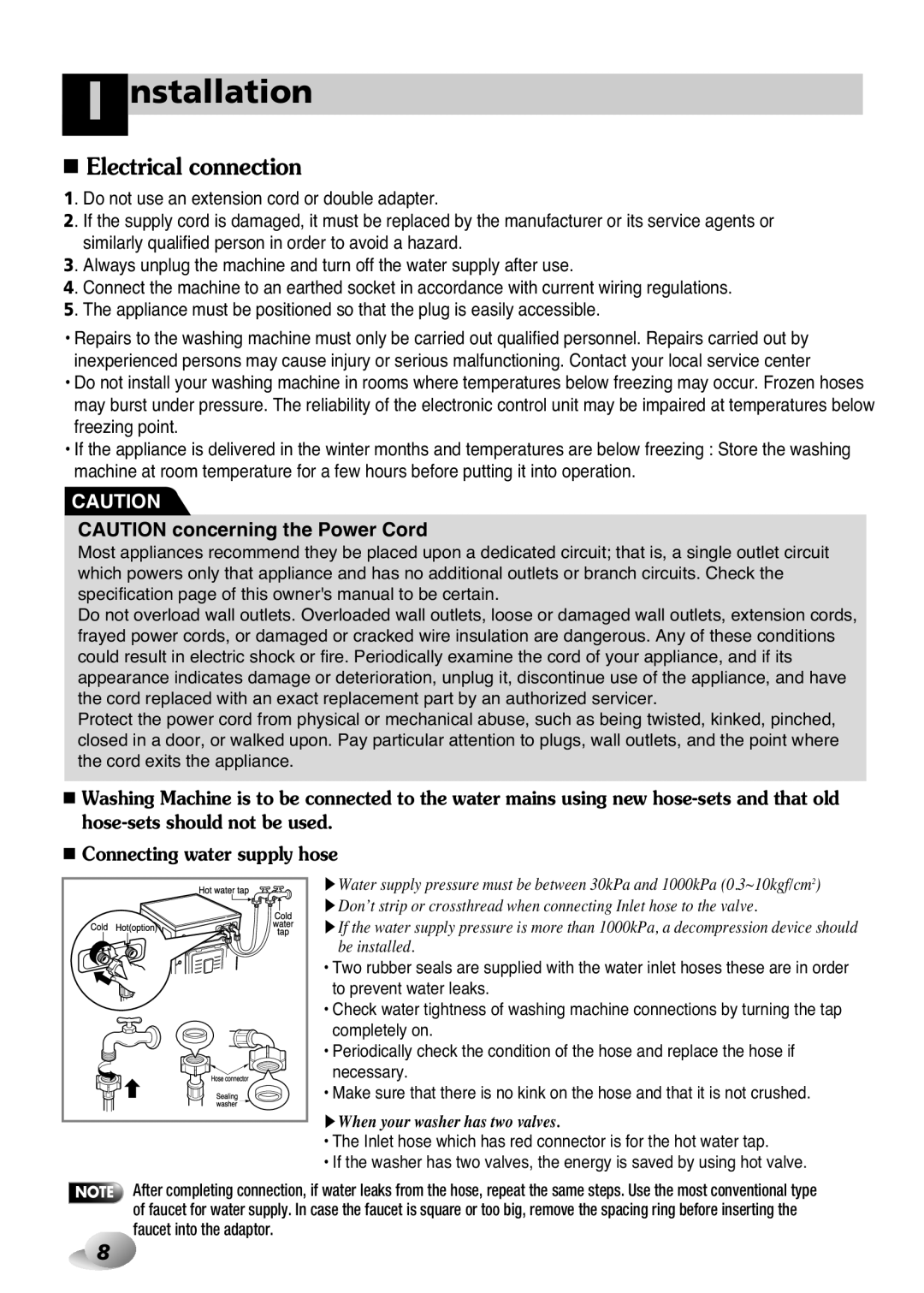 LG Electronics 33P~63P, 2P~32P owner manual Electrical connection, When your washer has two valves 