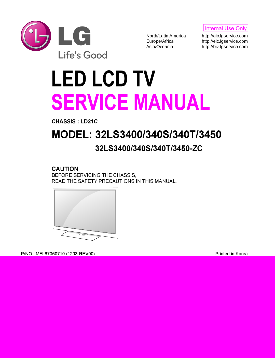LG Electronics service manual CHASSIS LD21C, Led Lcd Tv, Service Manual, MODEL 32LS3400/340S/340T/3450, Europe/Africa 