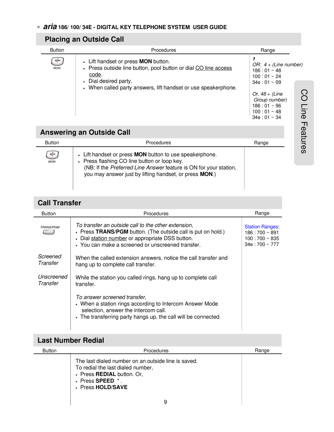 LG Electronics 186 Placing an Outside Call, Answering an Outside Call, Call Transfer, Last Number Redial, Press HOLD/SAVE 