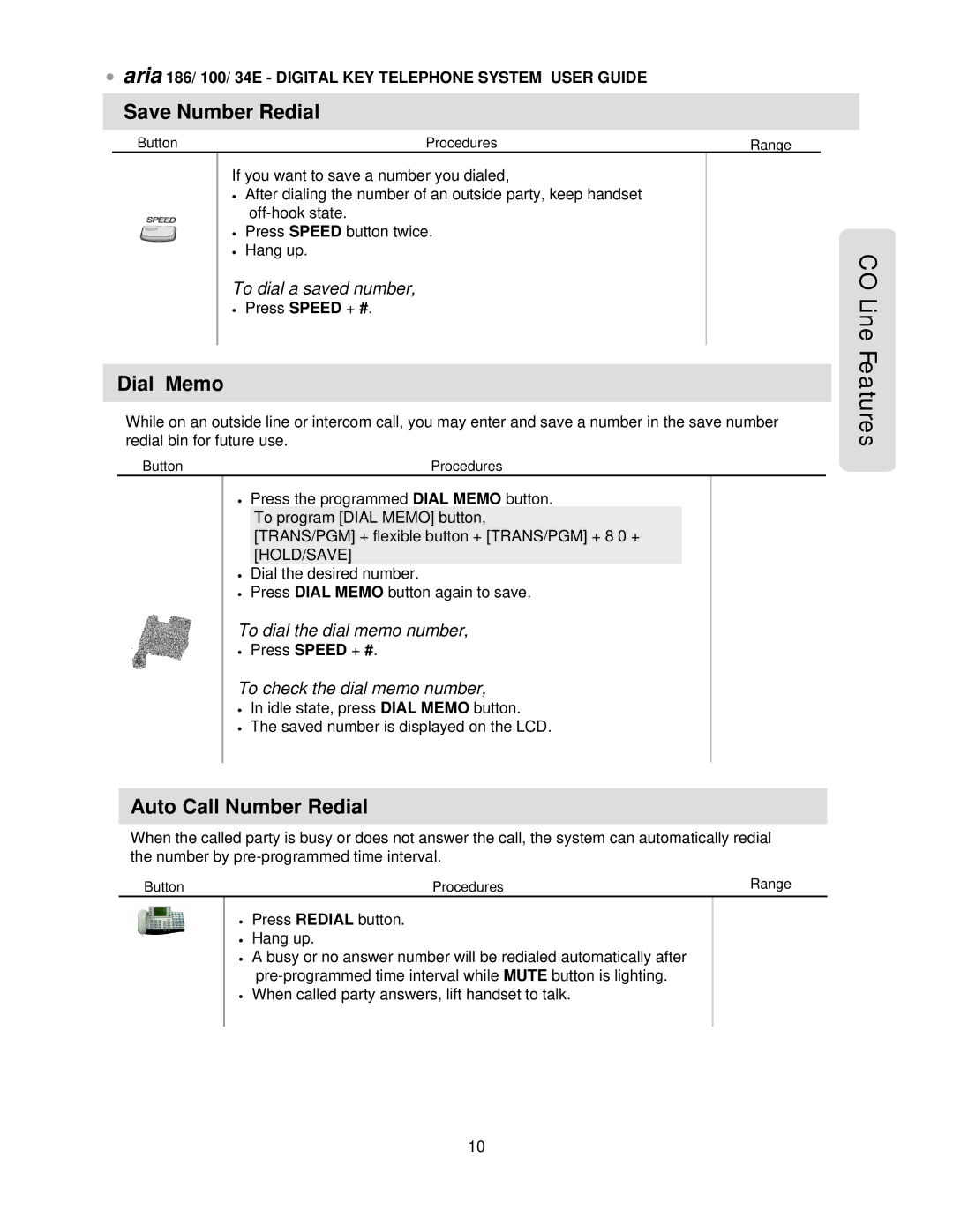 LG Electronics 100, 34E, 186 manual CO Line Features, Save Number Redial, Dial Memo, Auto Call Number Redial 