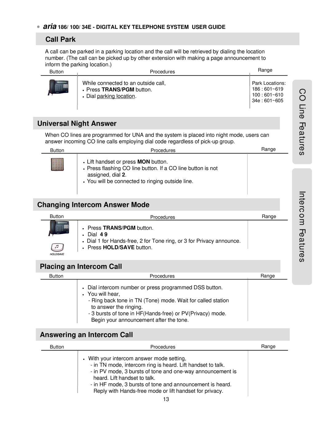 LG Electronics 100, 34E, 186 manual CO Line Features Intercom Features 