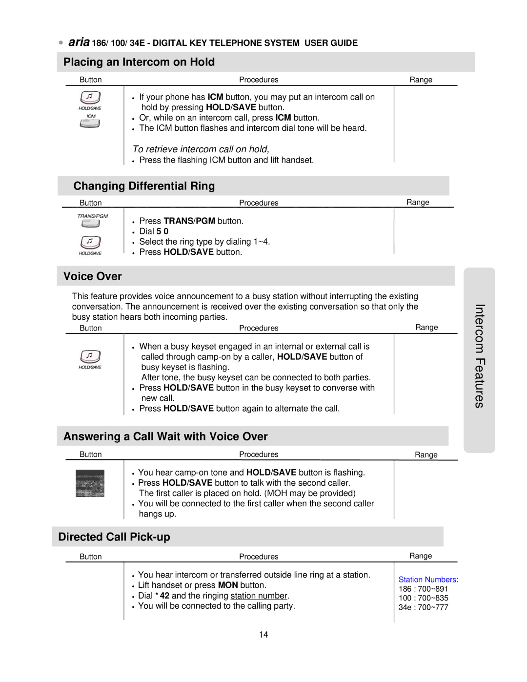 LG Electronics 34E, 186, 100 Placing an Intercom on Hold, Changing Differential Ring, Voice Over, Directed Call Pick-up 