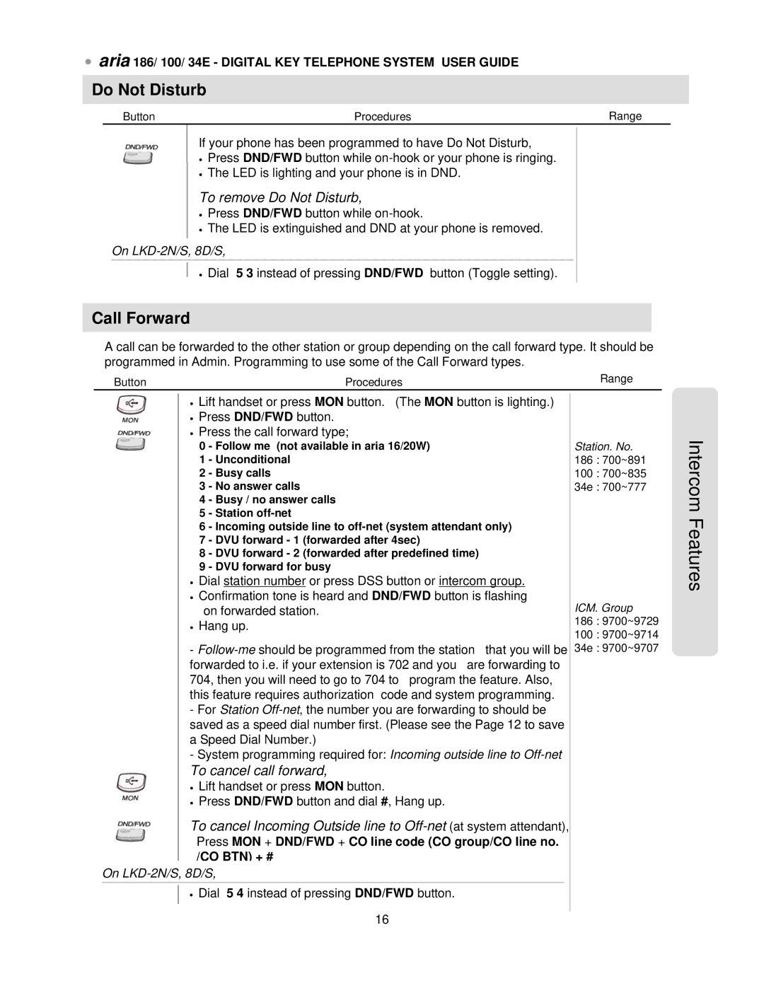 LG Electronics 100, 34E, 186 manual Call Forward, To remove Do Not Disturb, To cancel call forward 