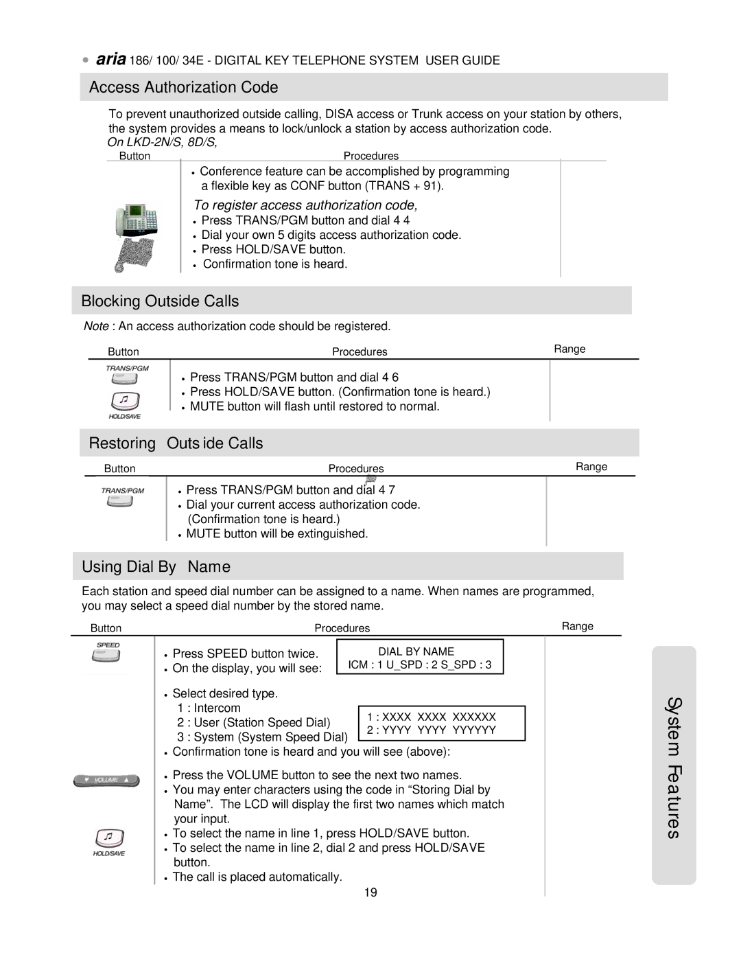 LG Electronics 100, 34E, 186 Access Authorization Code, Blocking Outside Calls, Restoring Outside Calls, Using Dial By Name 