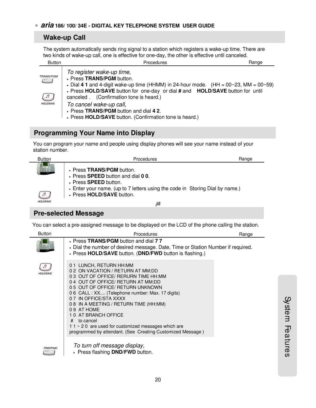 LG Electronics 34E, 186, 100 manual Wake-up Call, Programming Your Name into Display, Pre-selected Message 