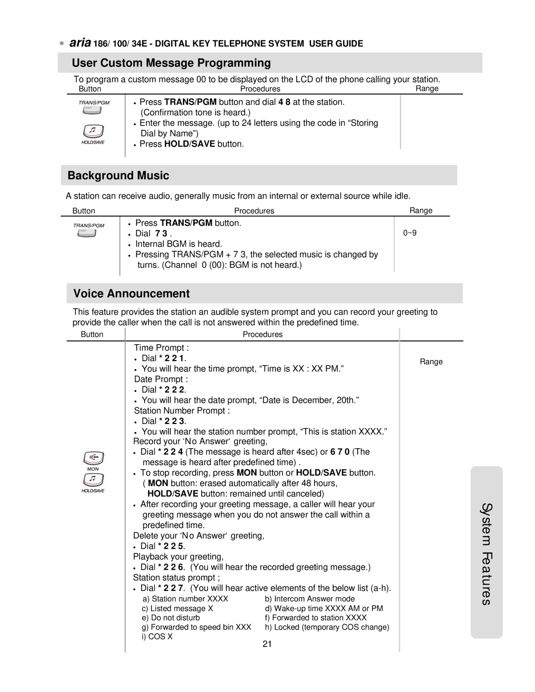 LG Electronics 186, 34E, 100 manual User Custom Message Programming, Background Music, Voice Announcement 