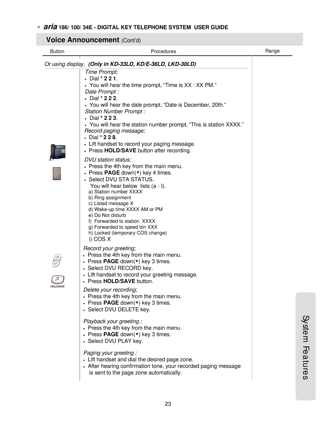 LG Electronics 34E, 186, 100 manual Voice Announcement Cont’d, Or using display, Only in KD-33LD, KD/E-36LD, LKD-30LD 