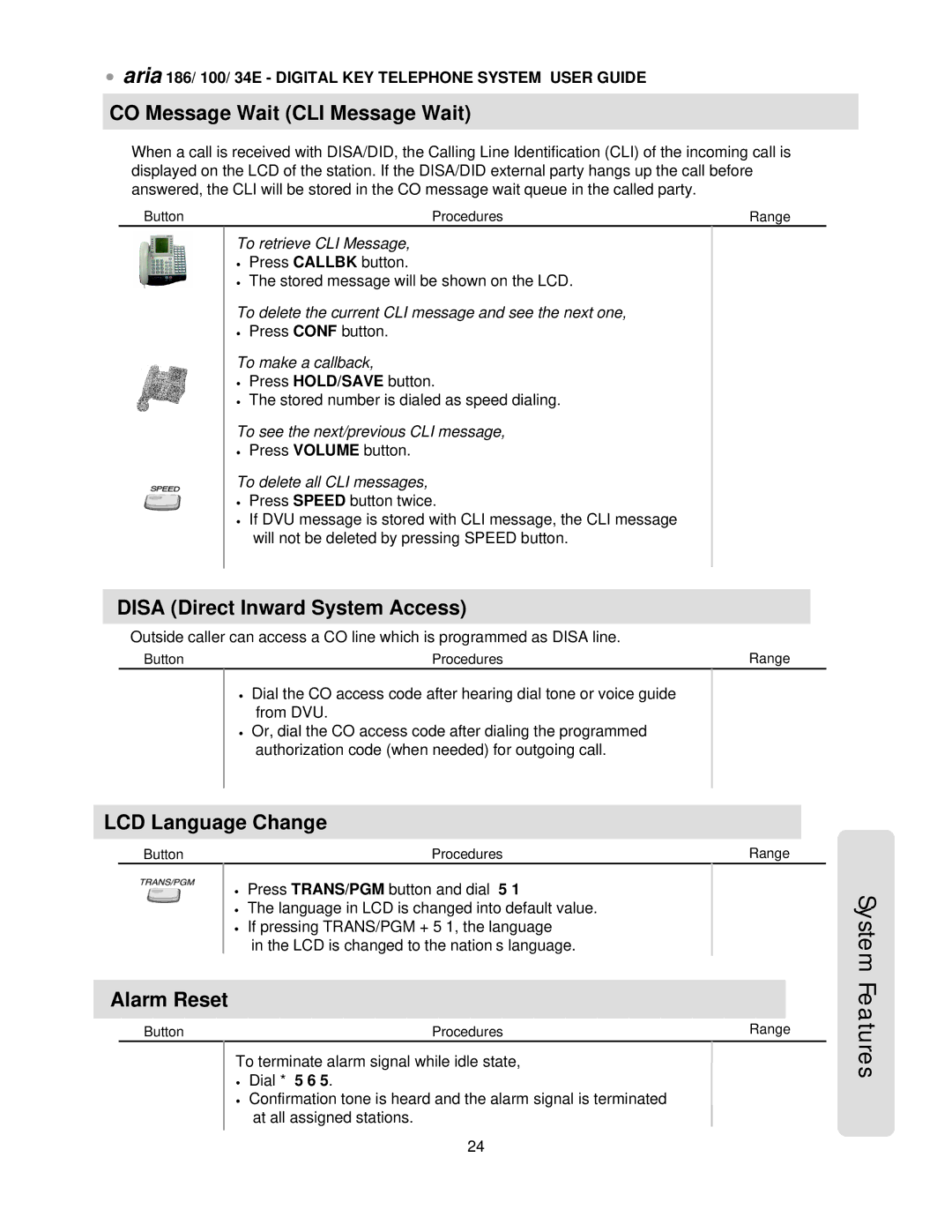 LG Electronics 186 CO Message Wait CLI Message Wait, Disa Direct Inward System Access, LCD Language Change, Alarm Reset 