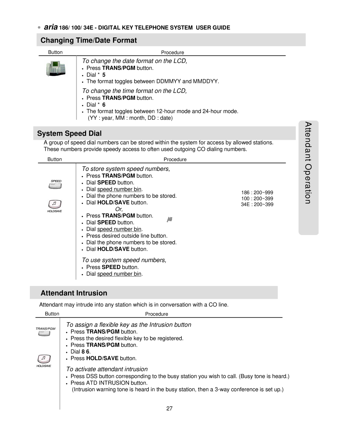 LG Electronics 186, 34E, 100 manual Operation, Changing Time/Date Format, System Speed Dial, Attendant Intrusion 