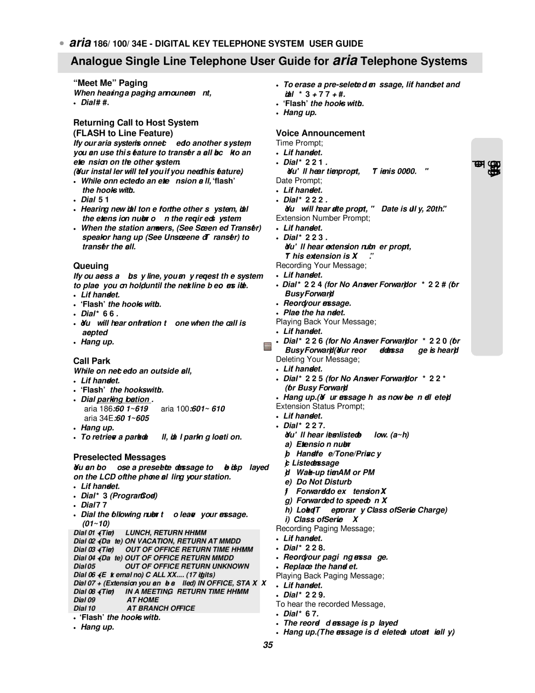 LG Electronics 34E, 186, 100 manual Meet Me Paging, Returning Call to Host System Flash to Line Feature, Queuing, Call Park 