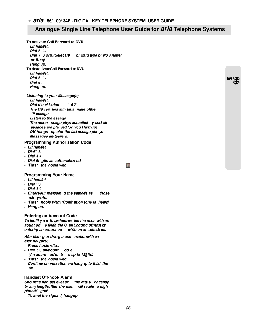 LG Electronics 186 Programming Authorization Code, Programming Your Name, Entering an Account Code, Handset Off-hook Alarm 