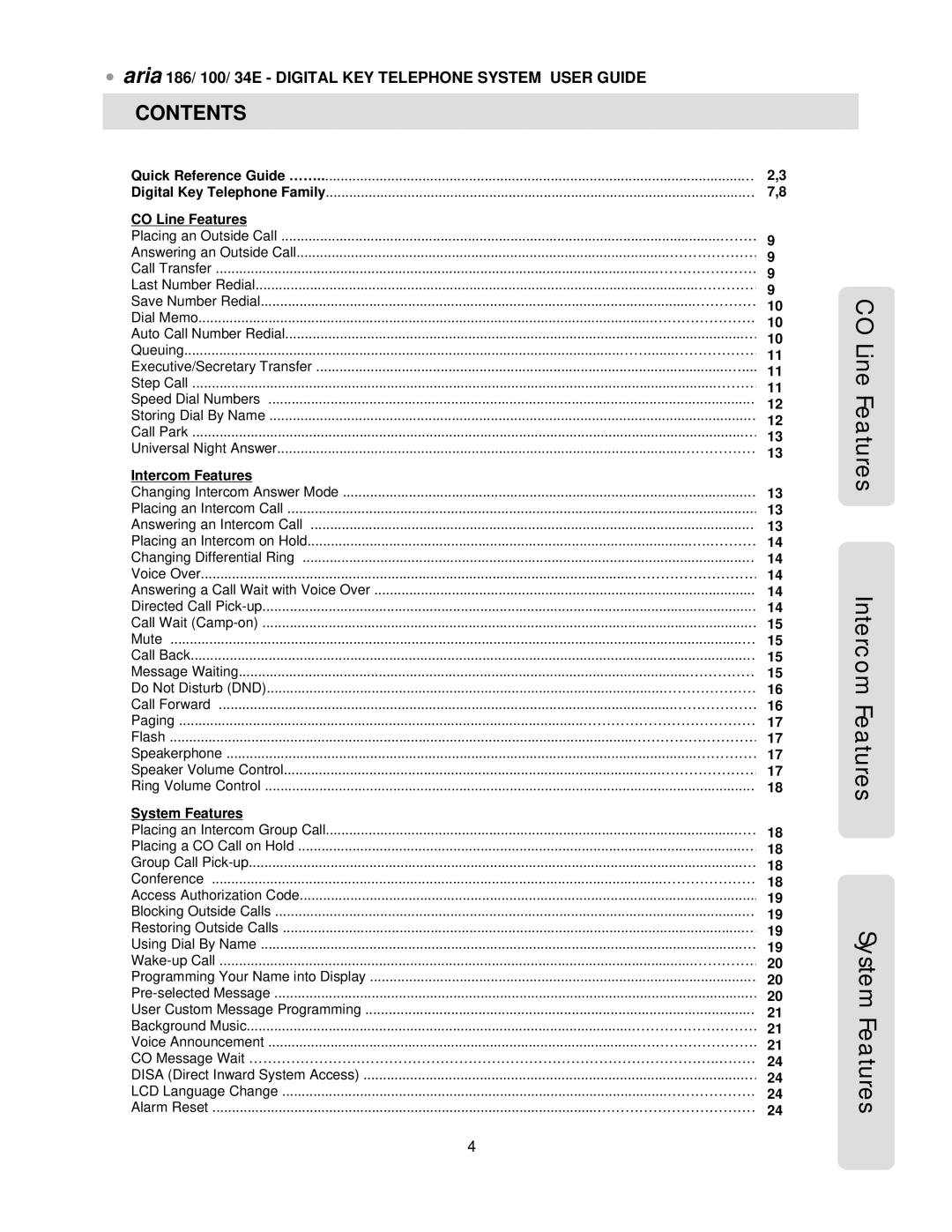 LG Electronics 100, 34E, 186 manual CO Line Features Intercom Features System Features, Contents 