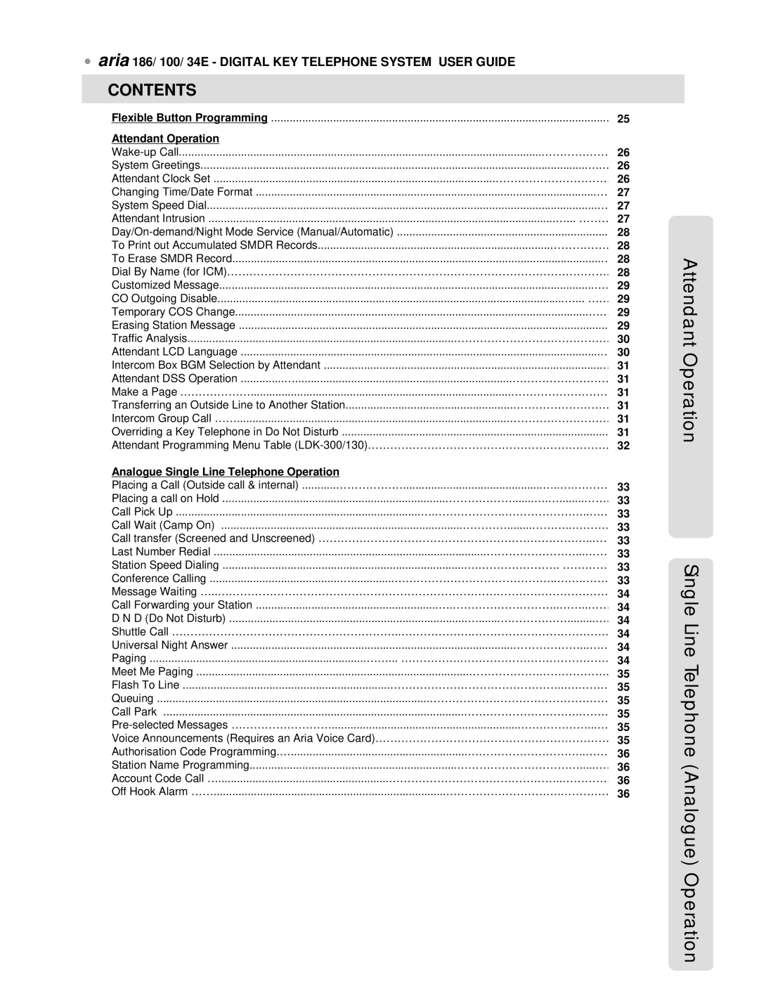 LG Electronics 34E, 186, 100 manual Attendant Operation, Analogue Single Line Telephone Operation 