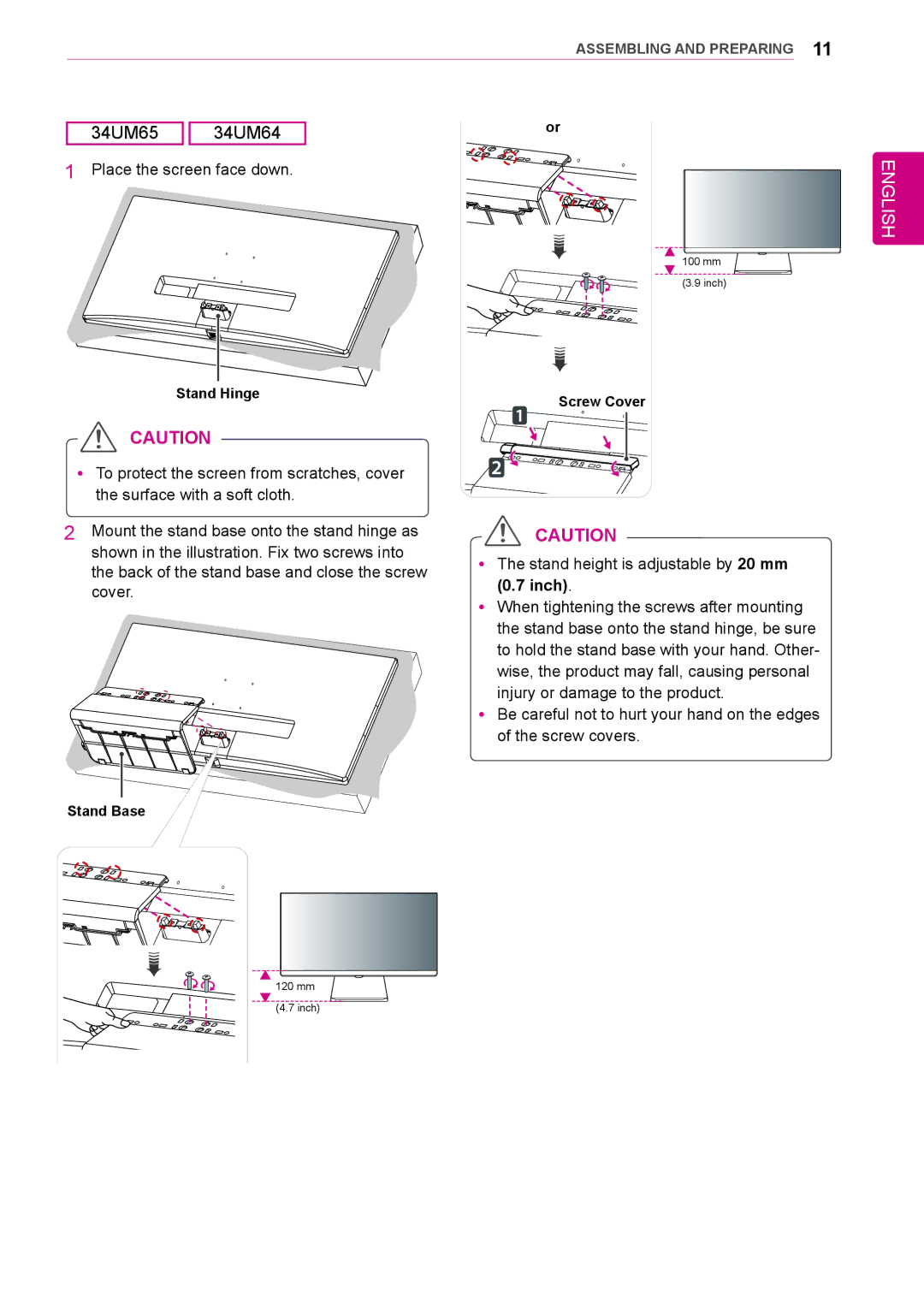 LG Electronics 34UM65, 34UM64, 25UM65, 25UM64 owner manual Stand Hinge 