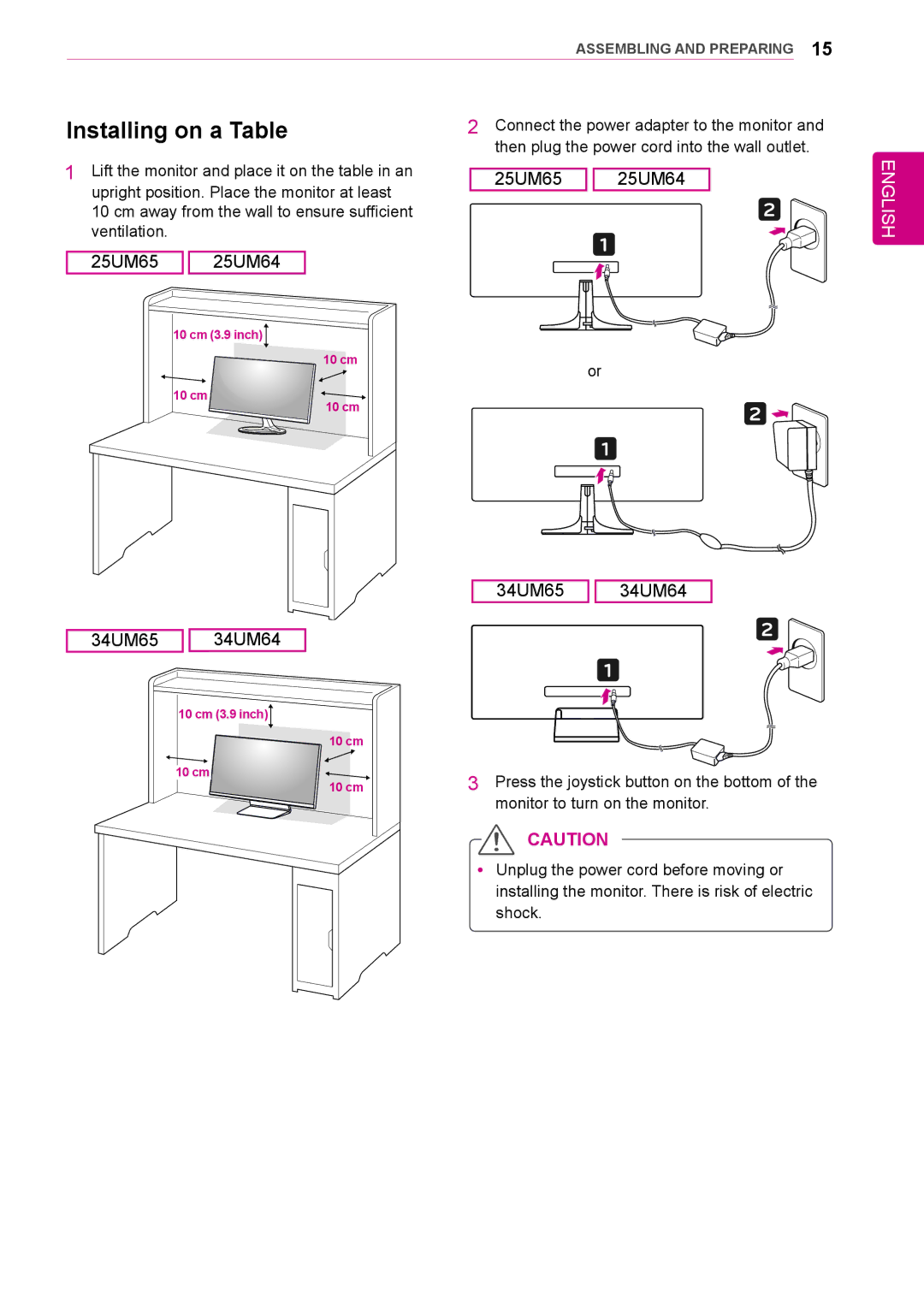 LG Electronics 34UM65, 34UM64, 25UM65, 25UM64 owner manual Installing on a Table 