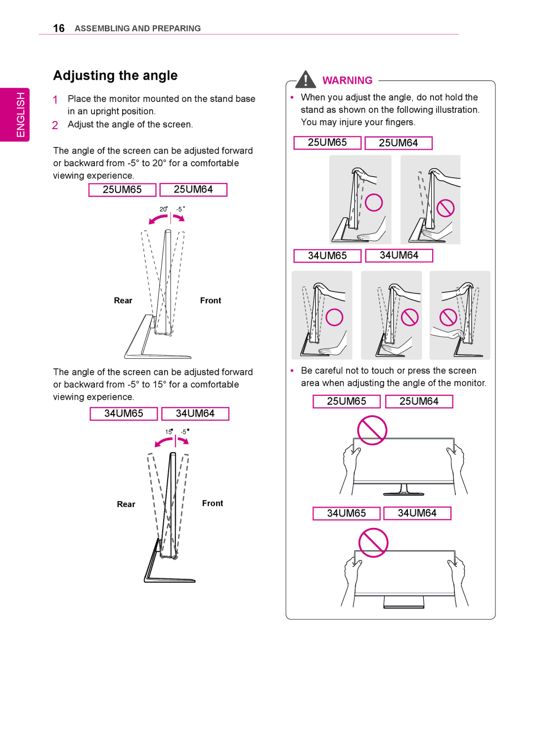 LG Electronics owner manual Adjusting the angle, 25UM65 25UM64 34UM65 34UM64 