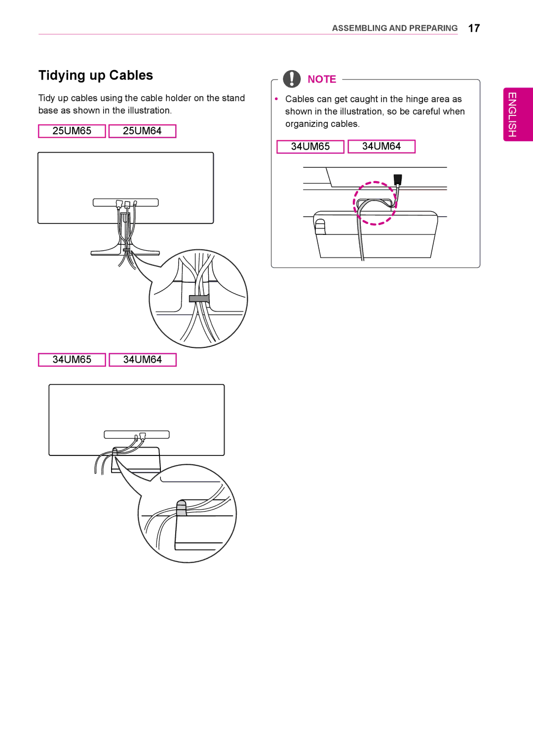 LG Electronics 25UM65, 34UM64, 25UM64, 34UM65 owner manual Tidying up Cables 