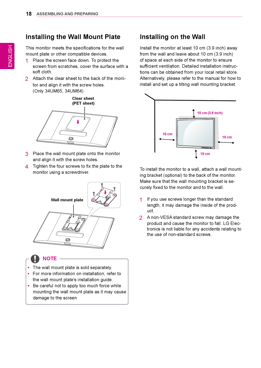 LG Electronics 25UM64, 34UM64, 25UM65, 34UM65 owner manual Installing the Wall Mount Plate, Installing on the Wall 