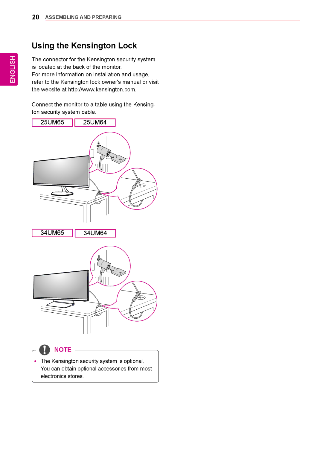 LG Electronics 34UM64, 25UM65, 25UM64, 34UM65 owner manual Using the Kensington Lock 