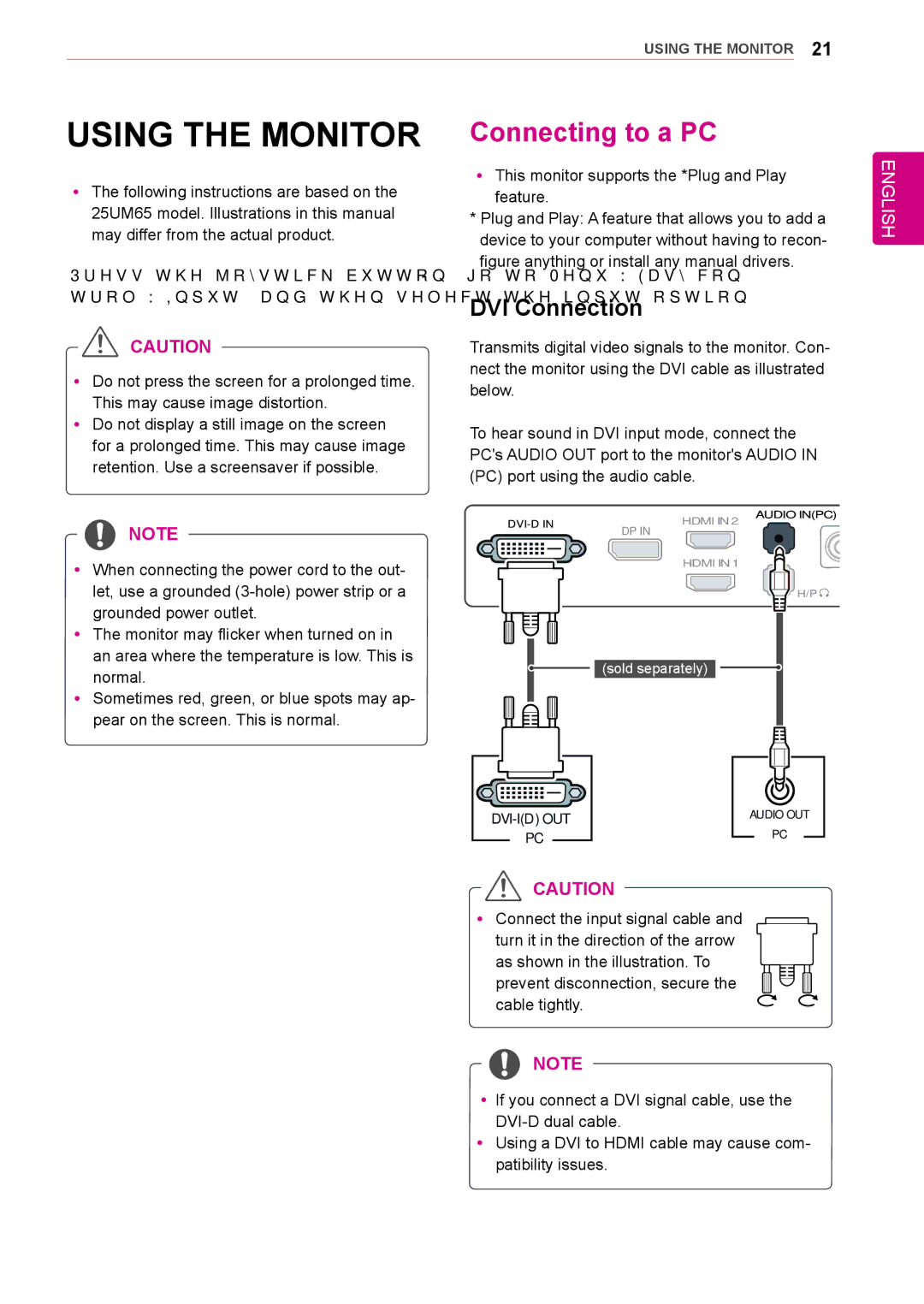 LG Electronics 25UM65, 34UM64, 25UM64, 34UM65 owner manual Using the Monitor Connecting to a PC, DVI Connection 