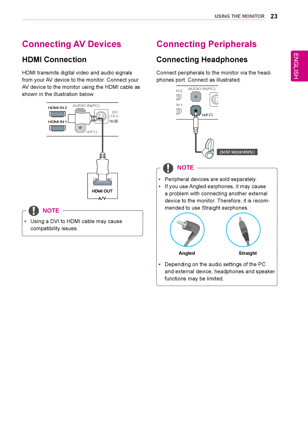 LG Electronics 34UM65, 34UM64, 25UM65, 25UM64 Connecting AV Devices, Connecting Peripherals, Connecting Headphones 