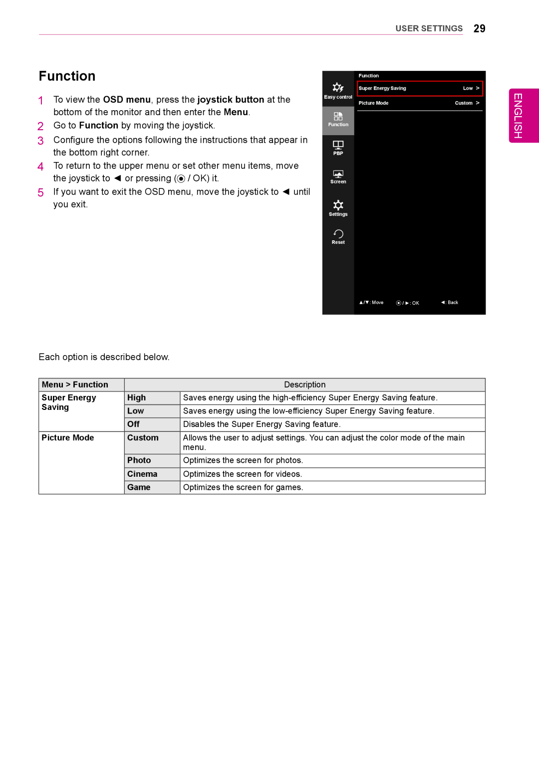 LG Electronics 25UM65, 34UM64, 25UM64, 34UM65 owner manual Function, Joystick to or pressing / OK it 