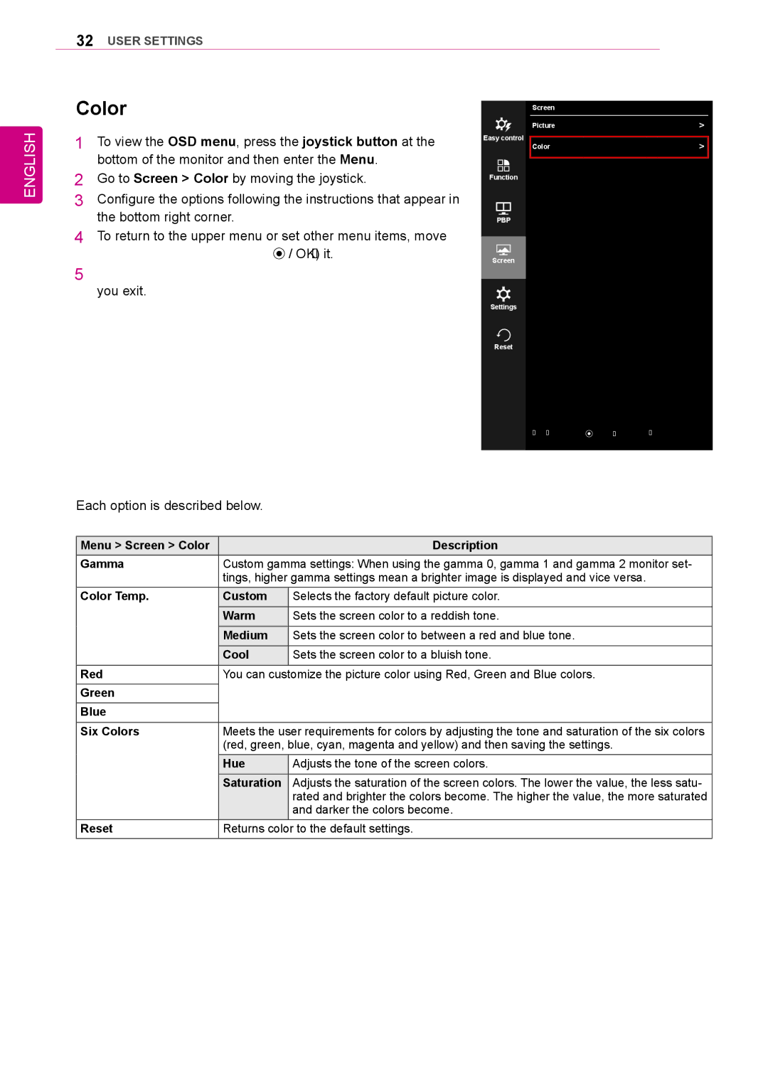 LG Electronics 34UM64, 25UM65, 25UM64, 34UM65 owner manual Color, Hue Adjusts the tone of the screen colors Saturation 