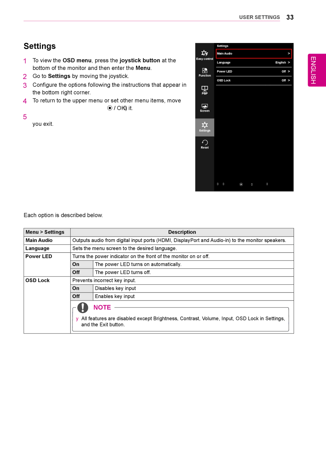 LG Electronics 25UM65, 34UM64, 25UM64, 34UM65 owner manual Settings 