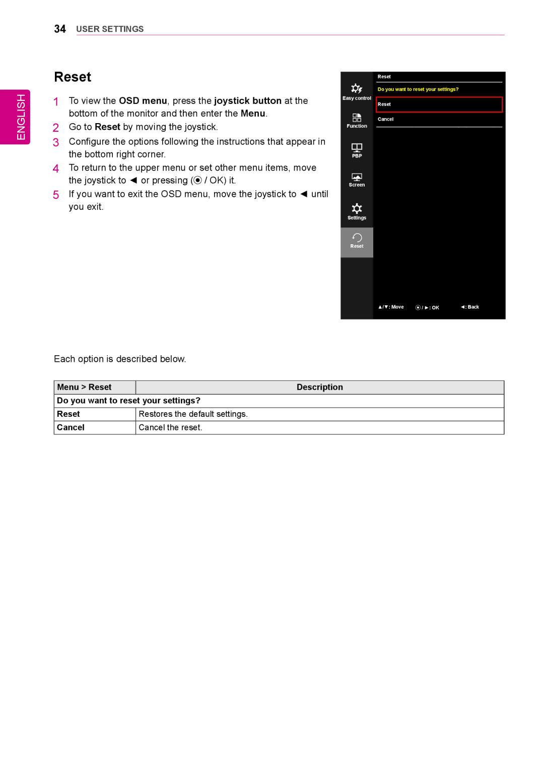 LG Electronics 25UM64, 34UM64, 25UM65, 34UM65 owner manual Reset 