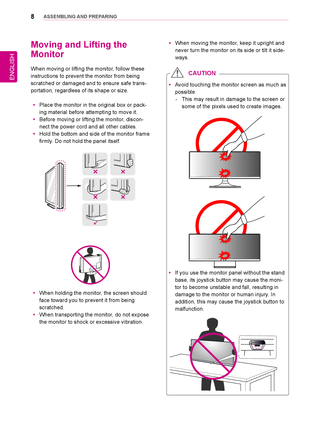 LG Electronics 34UM64, 25UM65, 25UM64, 34UM65 owner manual Moving and Lifting the Monitor 