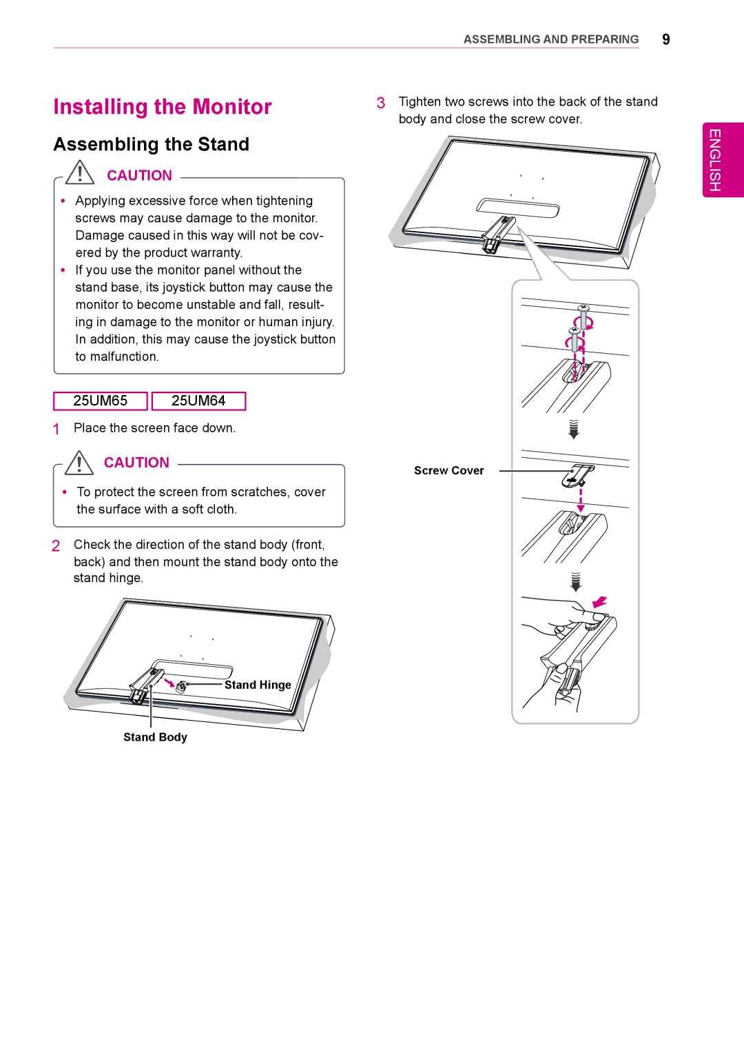 LG Electronics 25UM65, 34UM64, 25UM64, 34UM65 owner manual Installing the Monitor, Assembling the Stand 