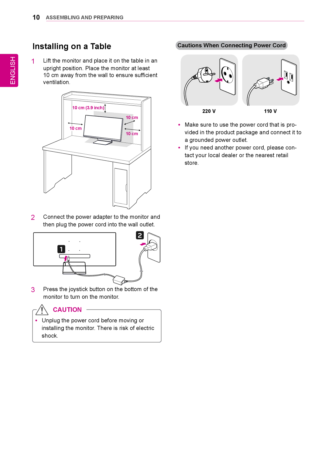 LG Electronics 34UM95-PD/ 34UM95-PE / 34UM94-PD owner manual Installing on a Table 