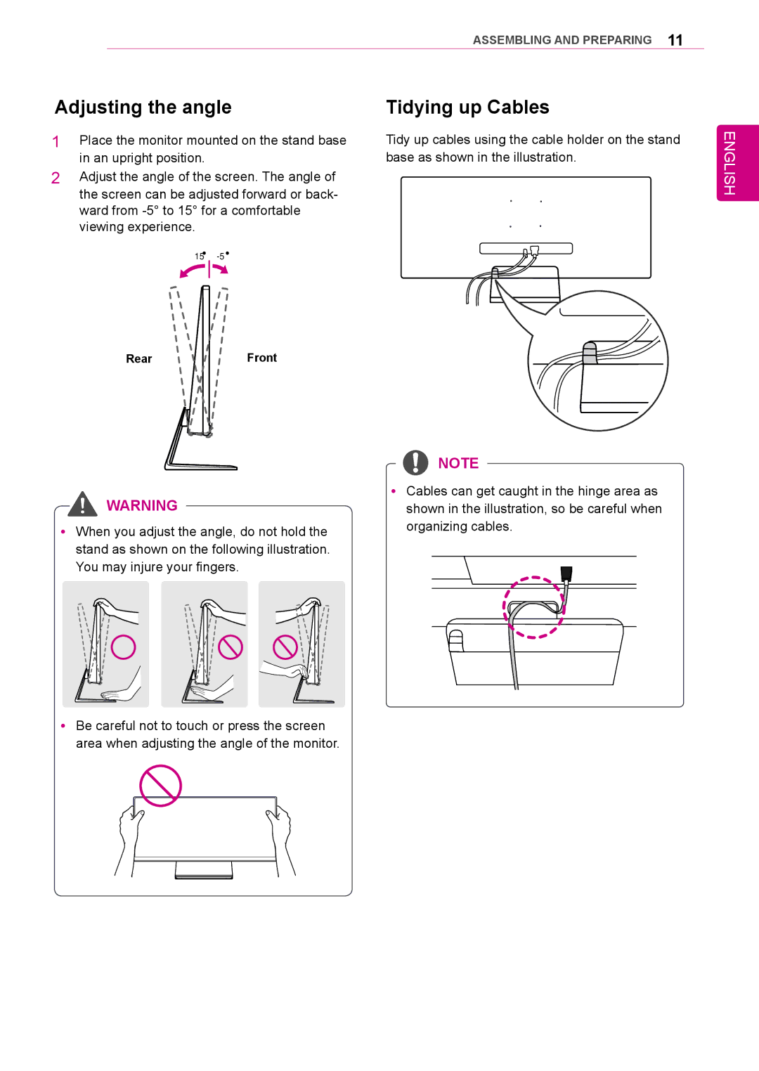 LG Electronics 34UM95-PD/ 34UM95-PE / 34UM94-PD owner manual Adjusting the angle, Tidying up Cables 