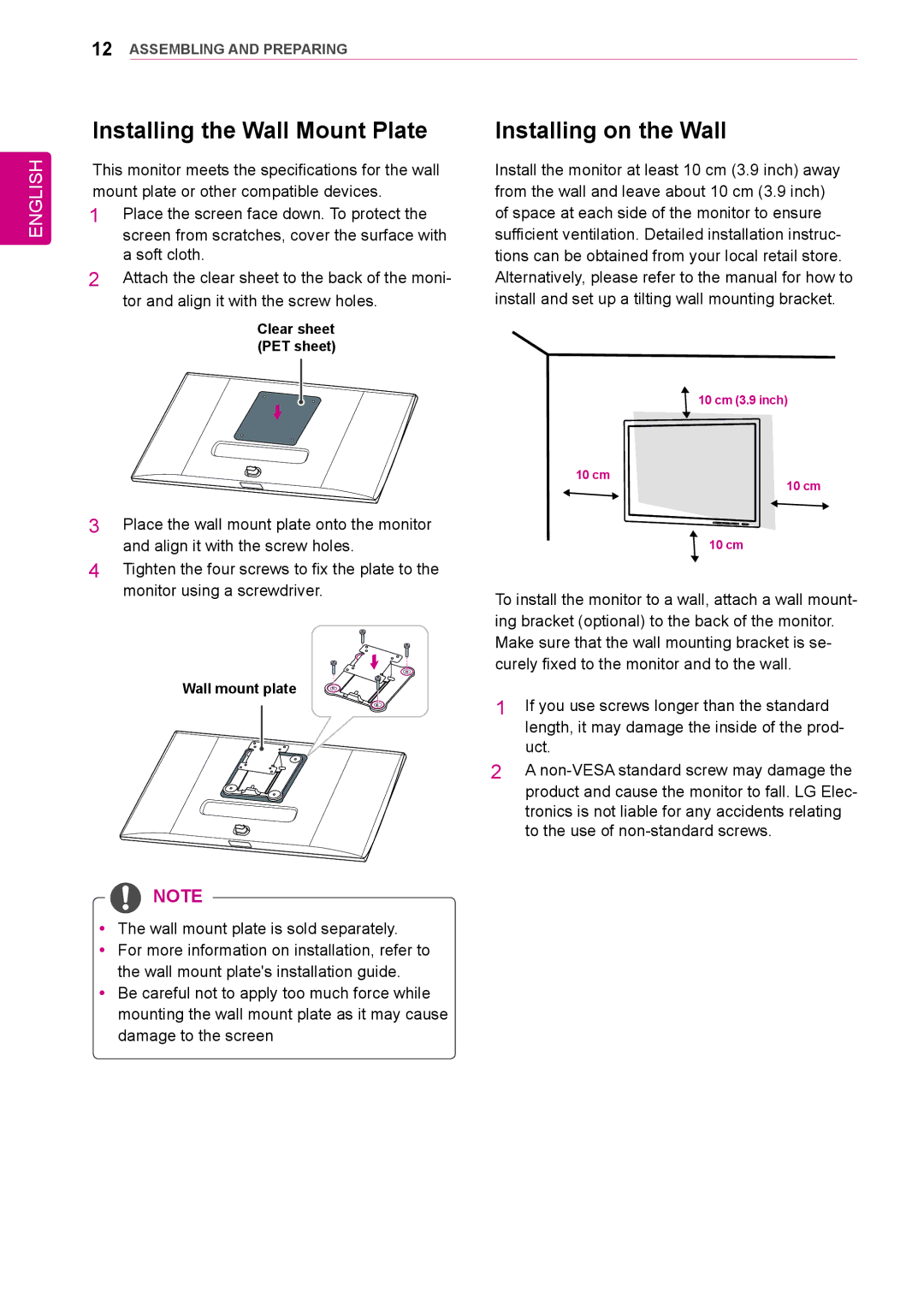 LG Electronics 34UM95-PD/ 34UM95-PE / 34UM94-PD owner manual Installing the Wall Mount Plate Installing on the Wall 