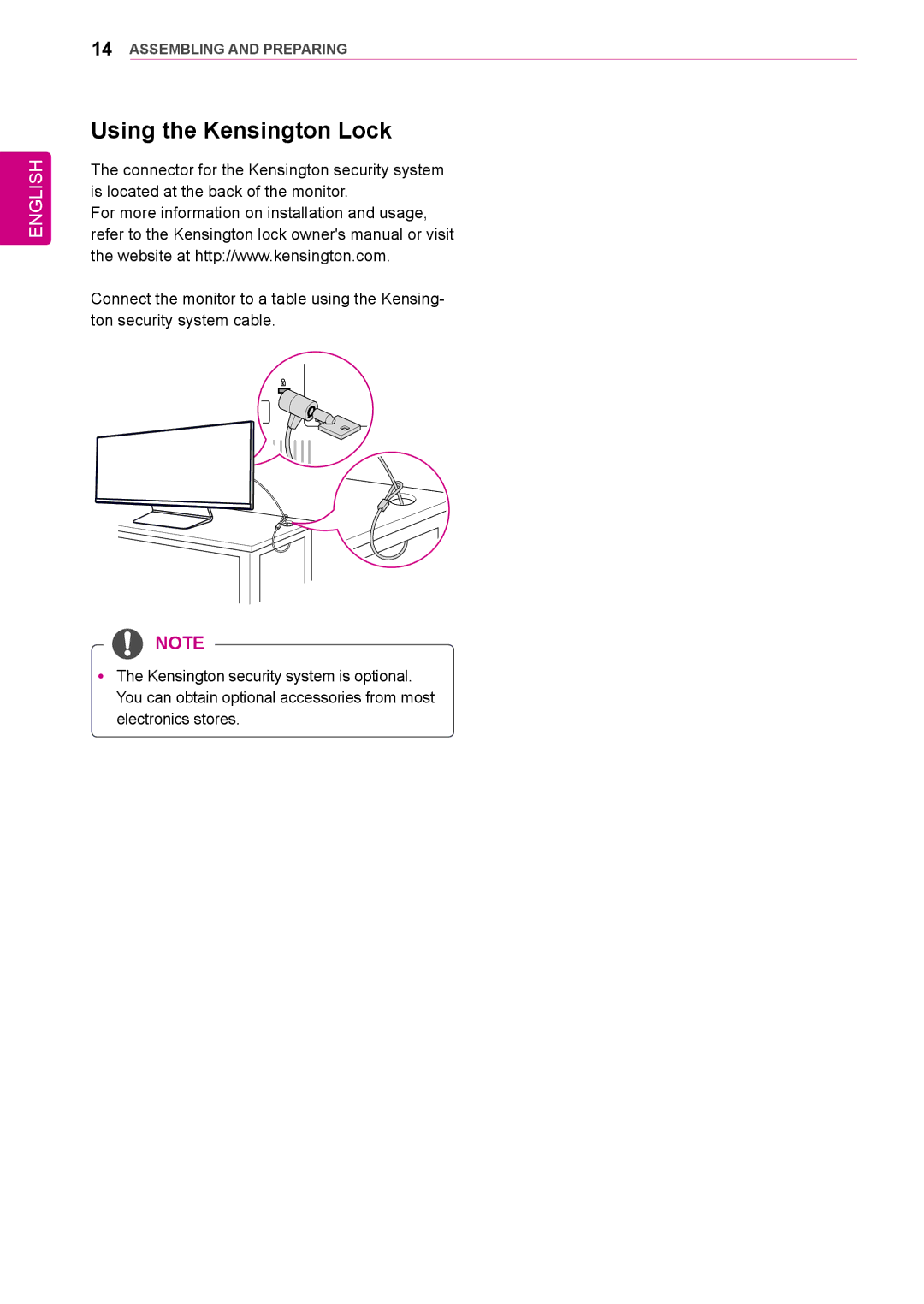 LG Electronics 34UM95-PD/ 34UM95-PE / 34UM94-PD owner manual Using the Kensington Lock 