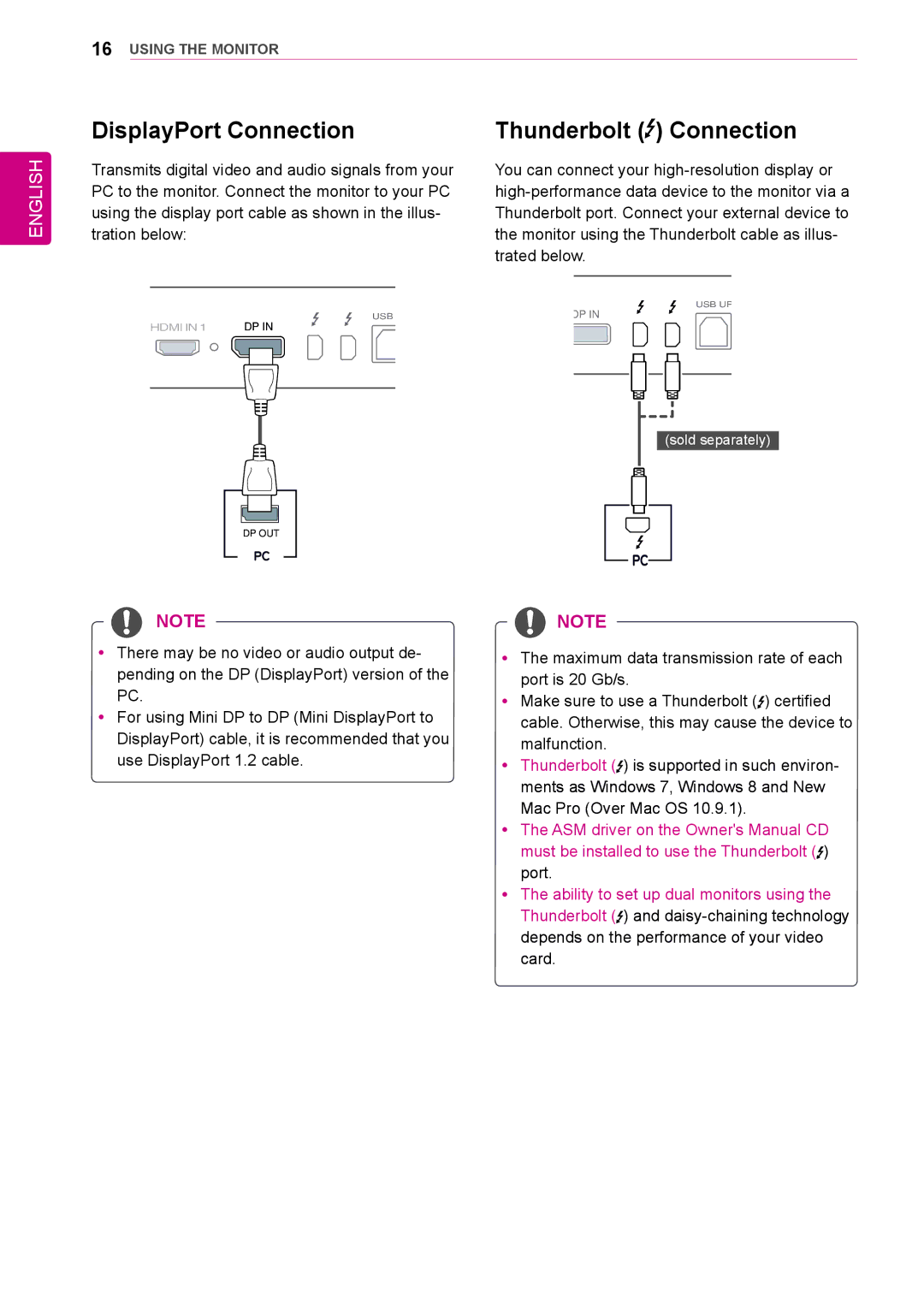 LG Electronics 34UM95-PD/ 34UM95-PE / 34UM94-PD owner manual DisplayPort Connection, Thunderbolt Connection 